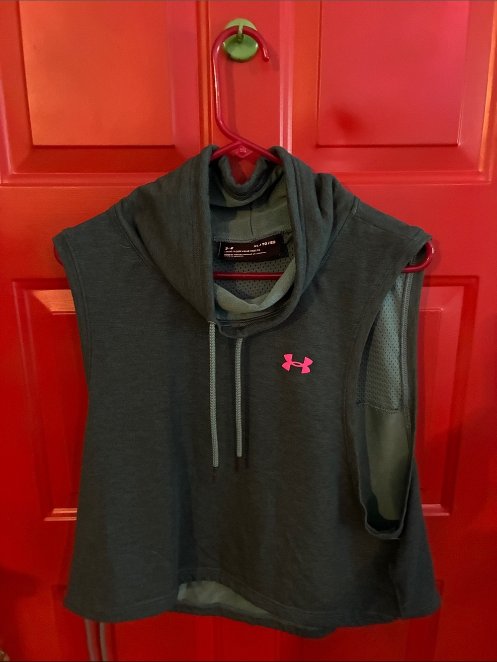 Under Armour Women's Dark Green Sleeveless Hoodie with Pink Logo